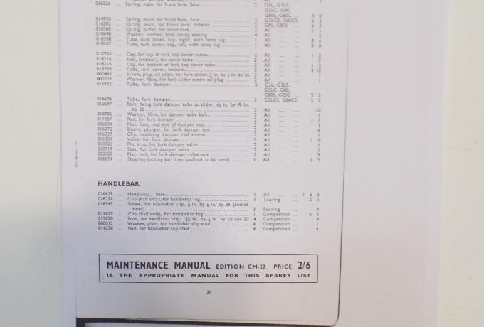 Spares List Matchless 350/500 cc single cylinder 1953