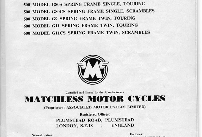 Matchless Parts Book. Spare Parts List 1958