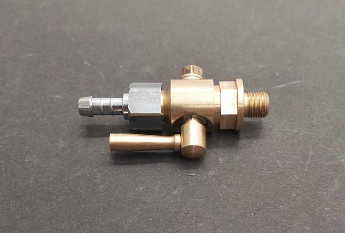 Petrol Tap 1/8" x 1/4" BSP Round Lever, brass with Petrol Tap Nut and Spigot 1/4" 