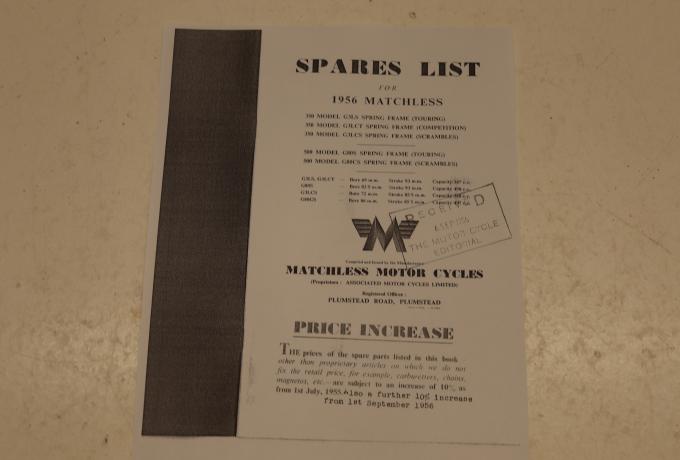 Spares List Matchless 1956 350cc and 500cc. Single Cylinder copy