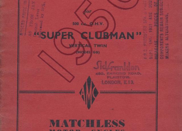 Matchless G9 Super Clubman Spares List 500 cc OHV 1950. 