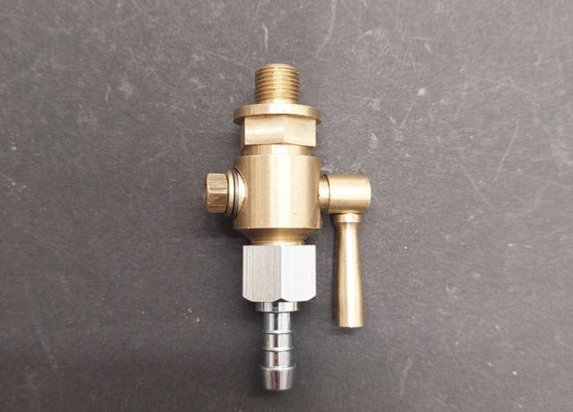 Petrol Tap 1/8" x 1/4" BSP Round Lever, brass with Petrol Tap Nut and Spigot 1/4" 
