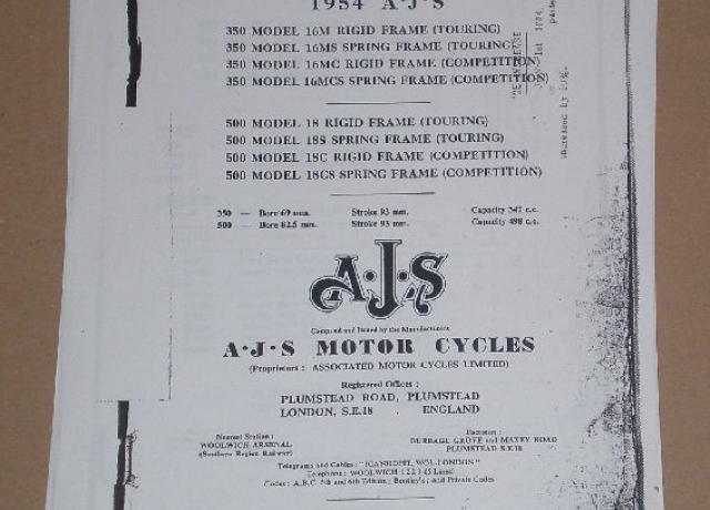 AJS Spares List For 1954 Motor Cycles 350 & 500ccm