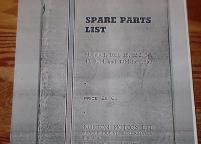Norton Spare Parts List Models 1, 16H, 18, ES2, 30, 40, 30M and 40M for 1950, Copy