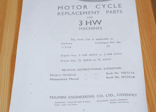 Triumph Motor Cycle Replacement parts for 3 HW Machines